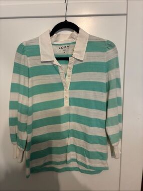 LOFT Mint Green and White Striped Polo Knit Top
